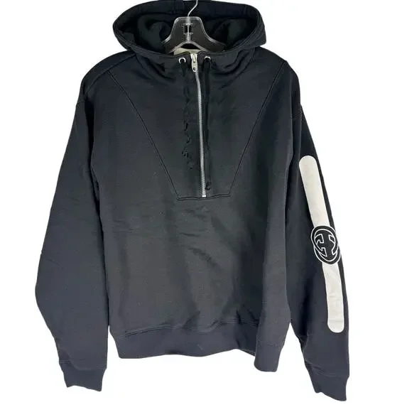 Gucci Half Zip Popover Interlocking GG Hoodie Black Size Small